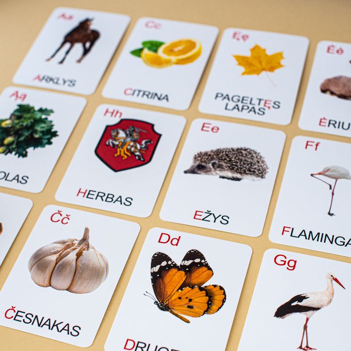 Trijų dalių „Montessori“ lavinamųjų kortelių rinkinys „Abėcėlė“ (2 dalis), didžiosiomis raidėmis