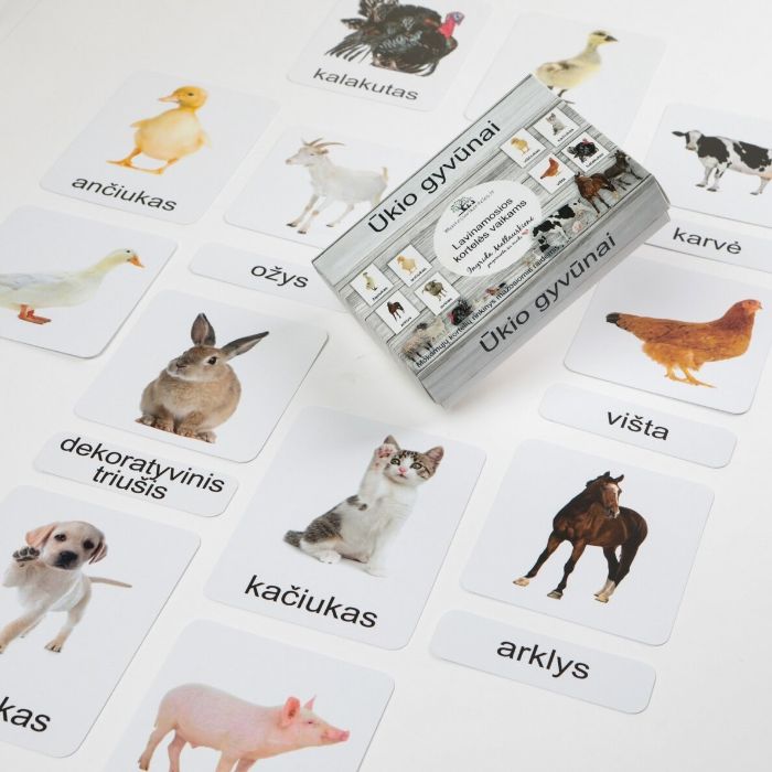 Trijų dalių „Montessori“ lavinamųjų kortelių rinkinys „Ūkio gyvūnai“ (1 dalis), mažosiomis raidėmis