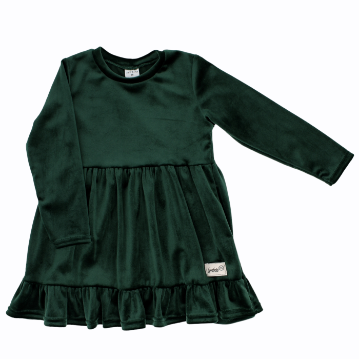 Veliūrinė suknelė mergaitėms, tamsi žalia