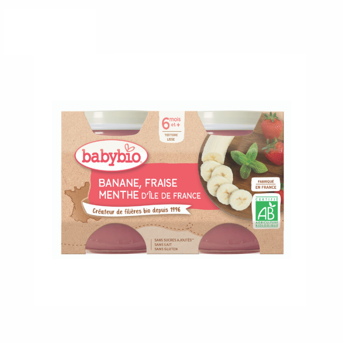 Ekologiška BabyBio bananų, braškių ir mėtų tyrelė, 2x130g (nuo 6 mėn.)
