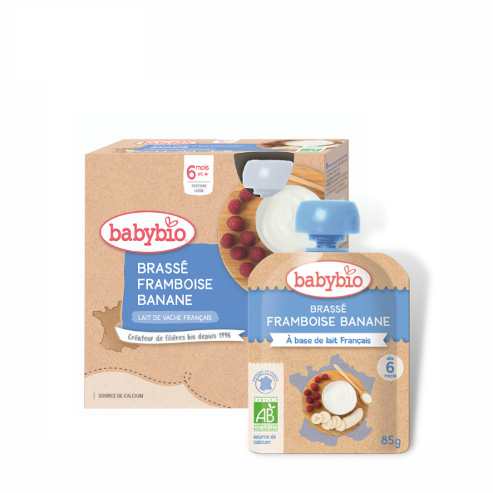Ekologiška BabyBio jogurto su bananais ir avietėmis tyrelė, 4x85g (nuo 6 mėn.)
