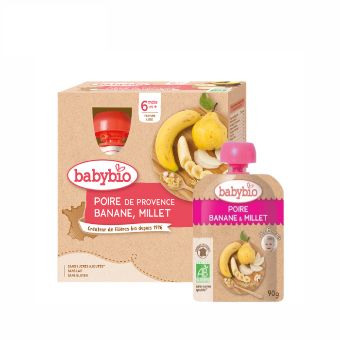 Ekologiška BabyBio kriaušių, bananų ir soro kruopų tyrelė, 4x90g (nuo 6 mėn.)