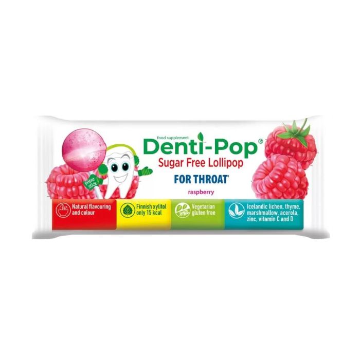 Ledinukas Denti-Pop sveikai gerklei su vitaminais C ir D, aviečių skonio, 6 g