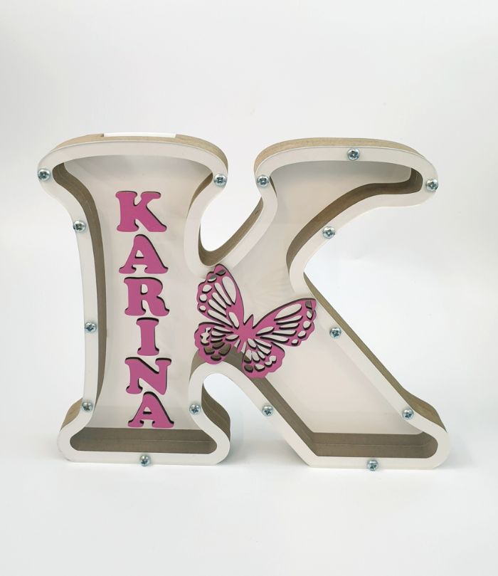 Balta, medinė taupyklė su raide K (Su pasirinkta raide ir vardu)